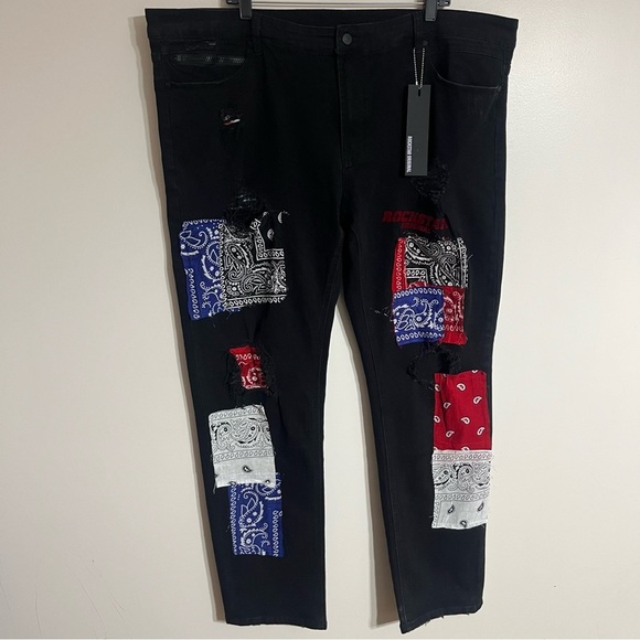NWT Men’s Rockstar Original Ultra Slim Black Bandana Patchwork Jeans Size 44 - Picture 1 of 16